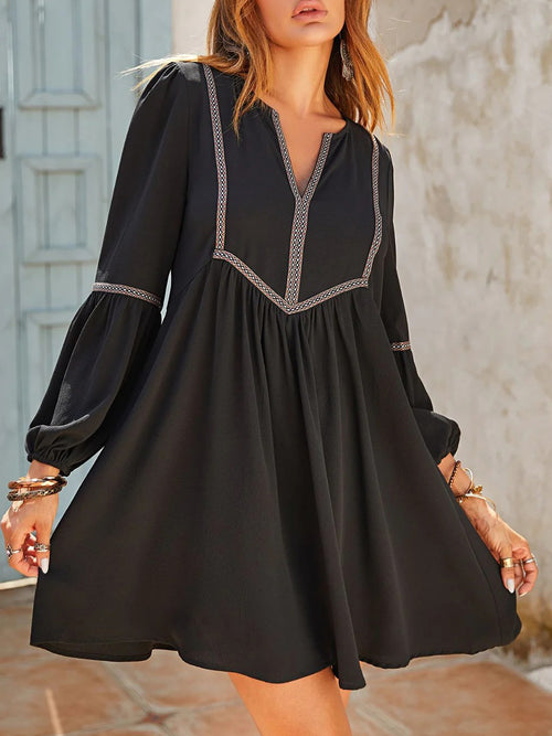 Women's Ruched Notched Long Sleeve Mini Dress