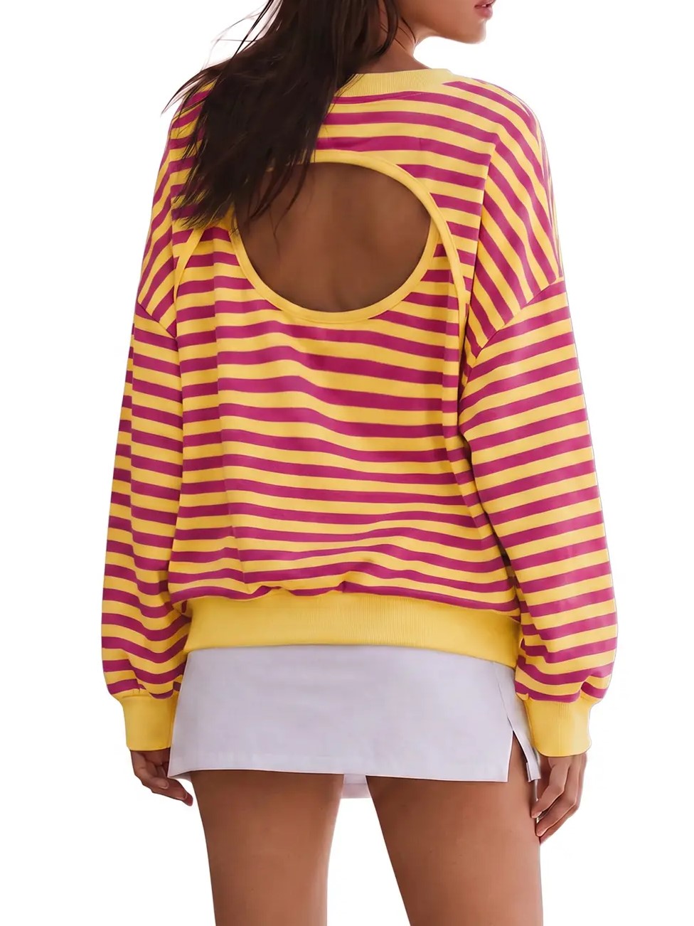 Women's Fall Striped Back Cutout Oversized Sweatshirt
