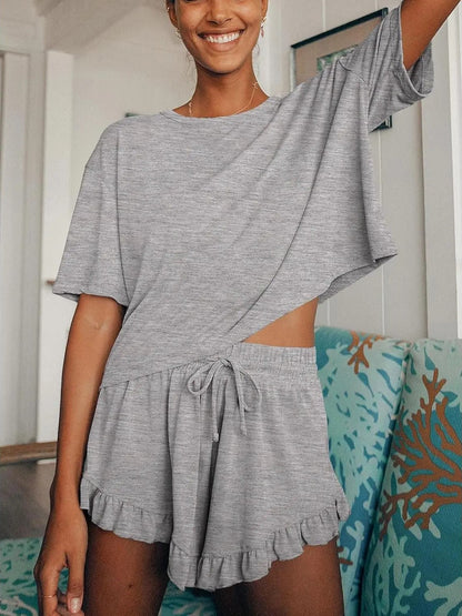 Women's Ruffle Short Sleeve Loungewear Short Set