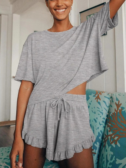 Women's Ruffle Short Sleeve Loungewear Short Set