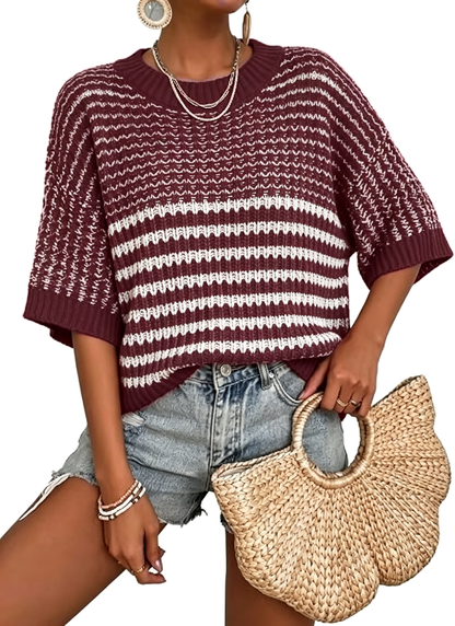 Womens 3/4 Sleeve Striped Sweater Tops