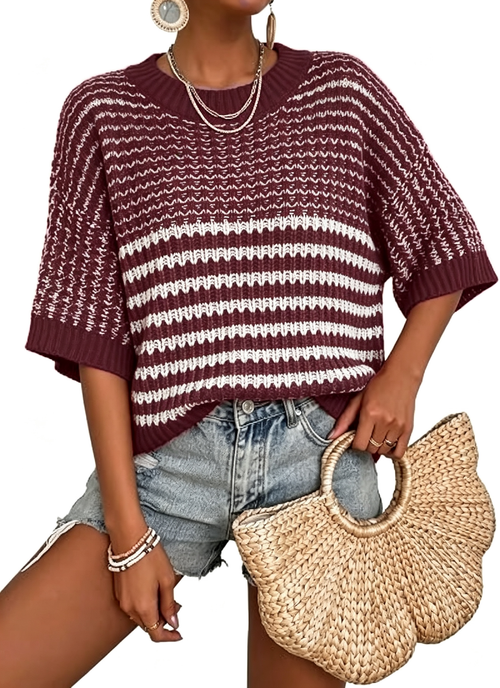 Womens 3/4 Sleeve Striped Sweater Tops