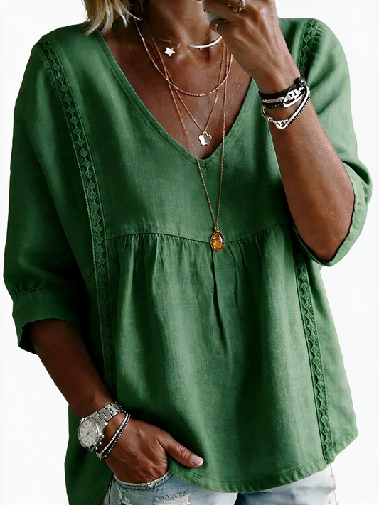 Women's V Neck Lace Trim Babydoll Blouse