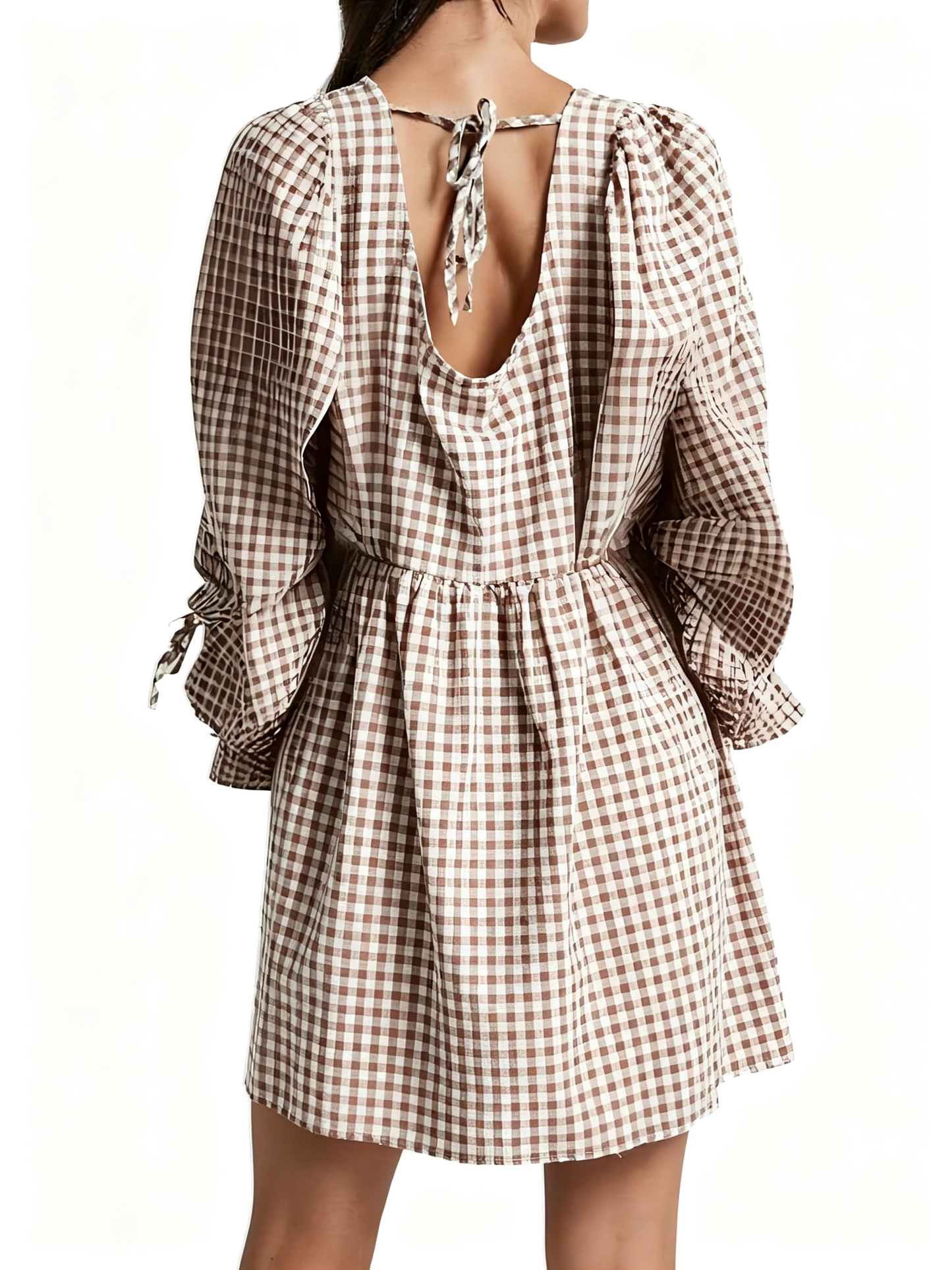 Women's Gingham Puff Sleeve Tie Front Babydoll Mini Dress