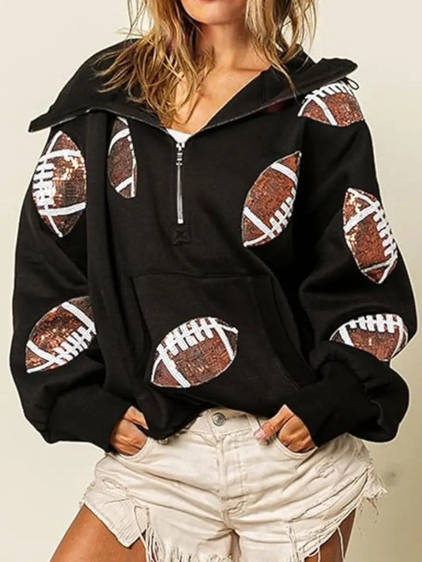 Sparkly Football Pocket Half Zip Pullover