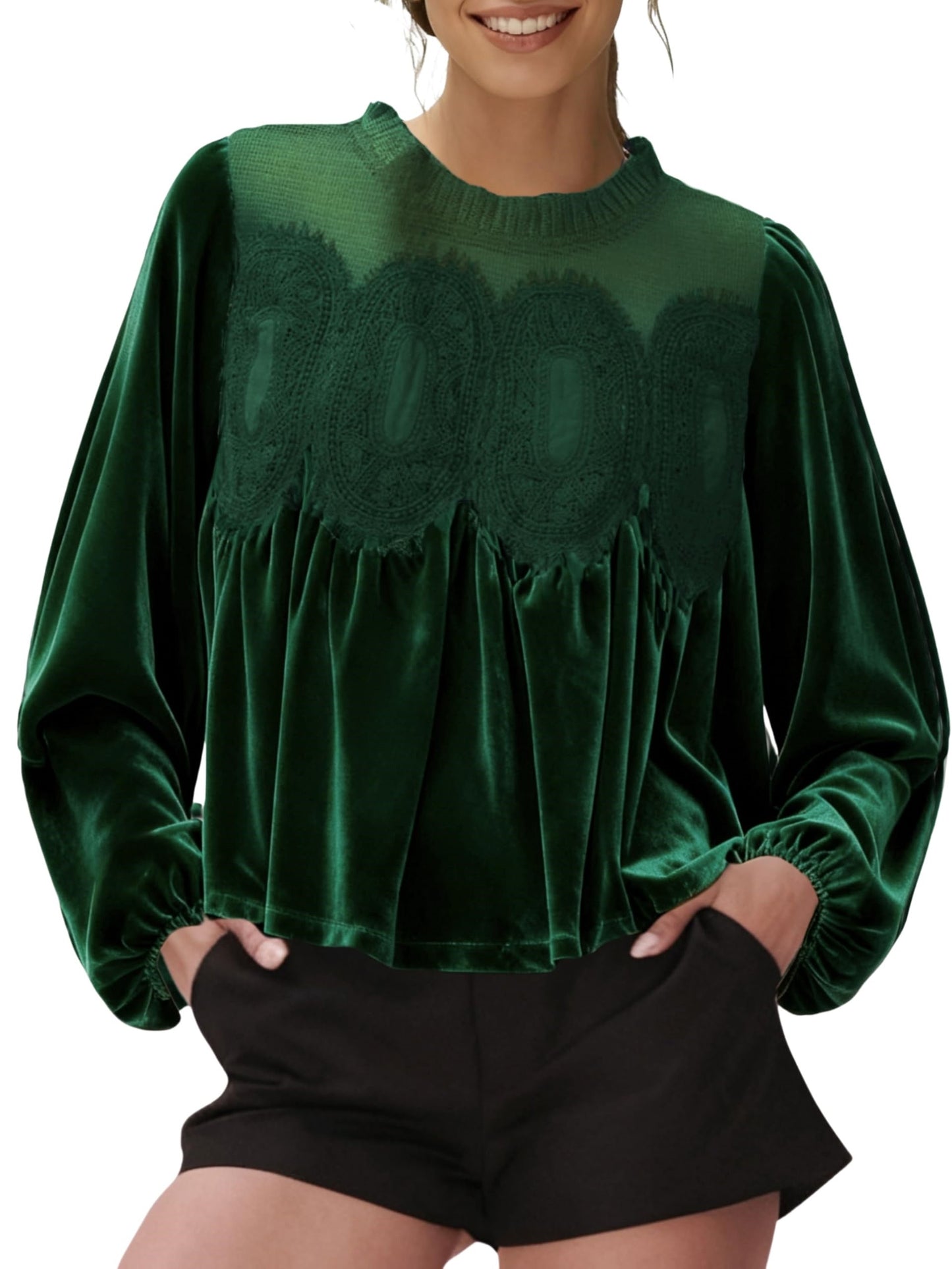 Women's Long Sleeve Velvet Lace Blouse