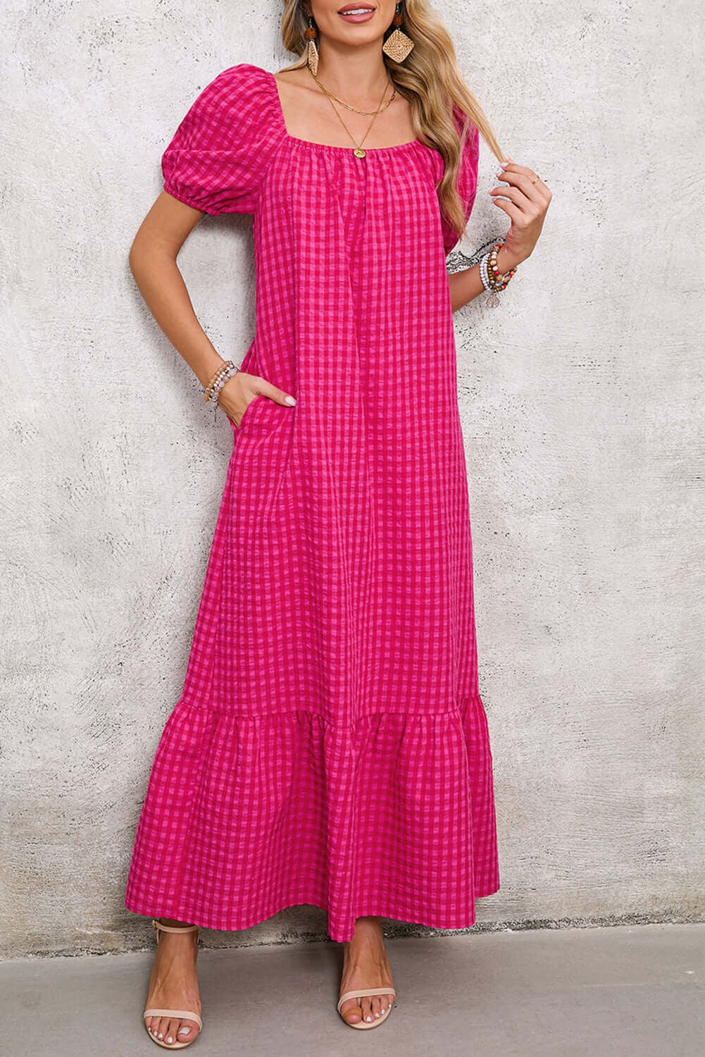 Women's Square Neck Puff Sleeve Plaid Maxi Dress