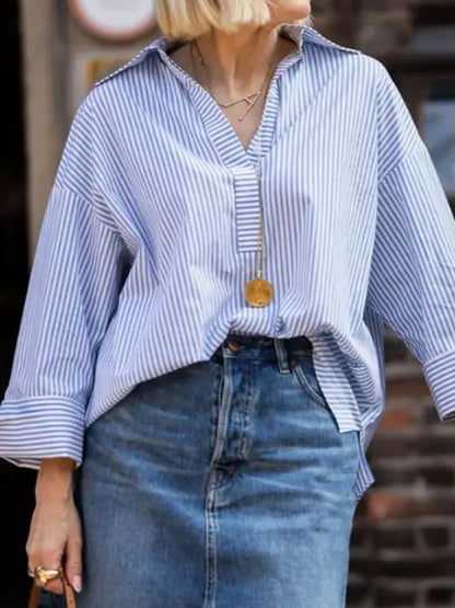 Women's Half Button Down Striped Blouse