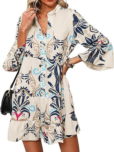 Women's 2026 Boho Babydoll Dress with 3/4 Ruffle Sleeves