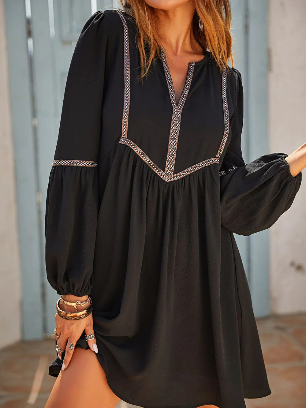 Women's Ruched Notched Long Sleeve Mini Dress