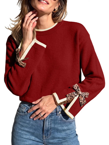 Women Crew Neck Knit Sweater With Leopard Print Bow Cuffs
