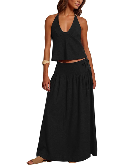 Women's Deep V‑Neck Halter Matching Skirt Set