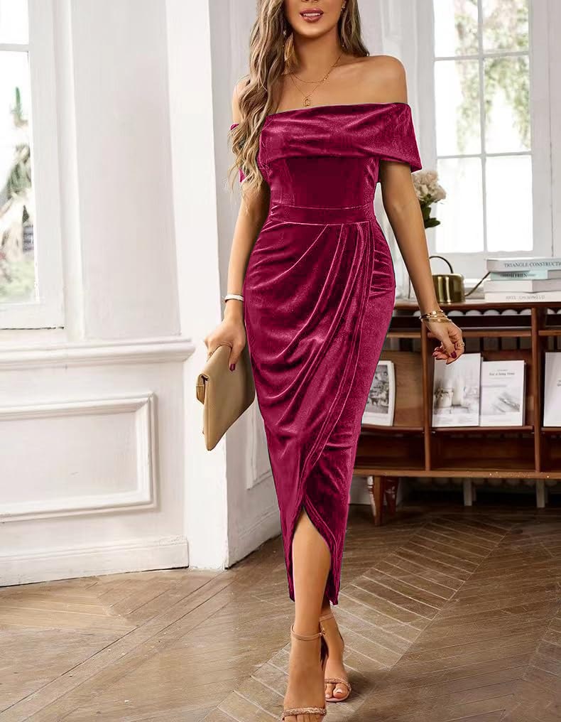 Women's Off-Shoulder High-Waisted Slit Velvet Dress