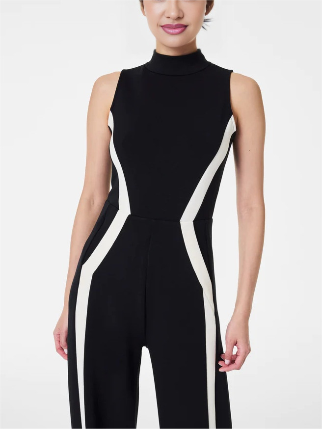 Mock Neck Striped Track Jumpsuit