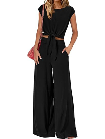 Summer Casual V-Neck Tie Waist 2 Piece Outfit