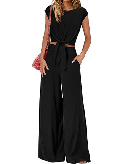 Summer Casual V-Neck Tie Waist 2 Piece Outfit