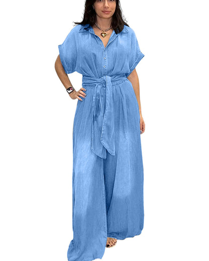 Women's Tie-Waist Wide-Leg Denim Jumpsuit