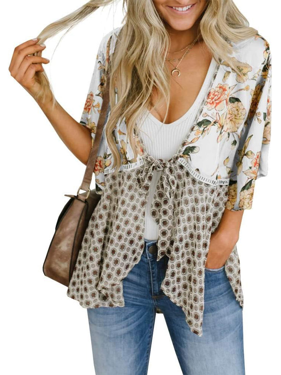 Summer Floral Kimono Ruffle Sleeve Tie Cardigans