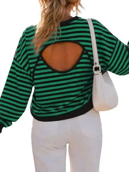 Women's Fall Striped Back Cutout Oversized Sweatshirt
