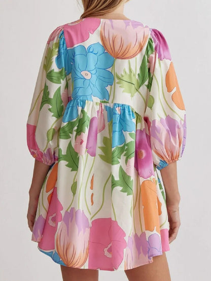 Women's Colorful Floral Half Sleeve Babydoll Dress