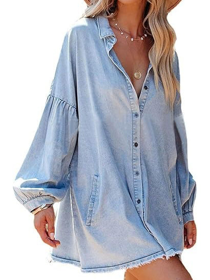 Women's Oversized Denim Shirt Dress With Pockets