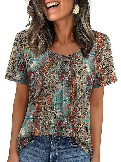 Summer Pleated Neck Short Sleeve Loose Casual Blouse