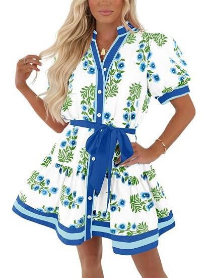 Women's Contrast Trim Floral Waist Tie Dress