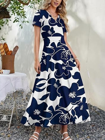 Women's V Neck Floral Print Flowy Maxi Dress with Pockets
