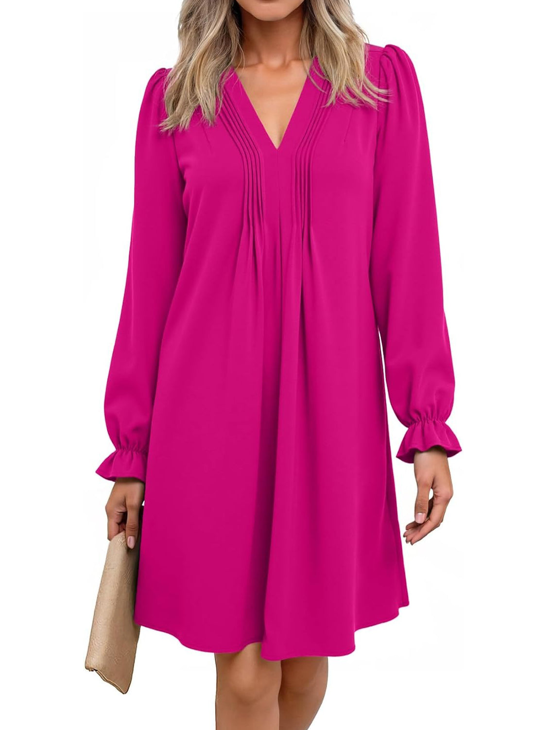 Women's V Neck Long Sleeve Ruffle Classic Dress