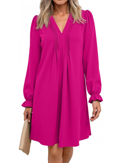 Women's V Neck Long Sleeve Ruffle Classic Dress