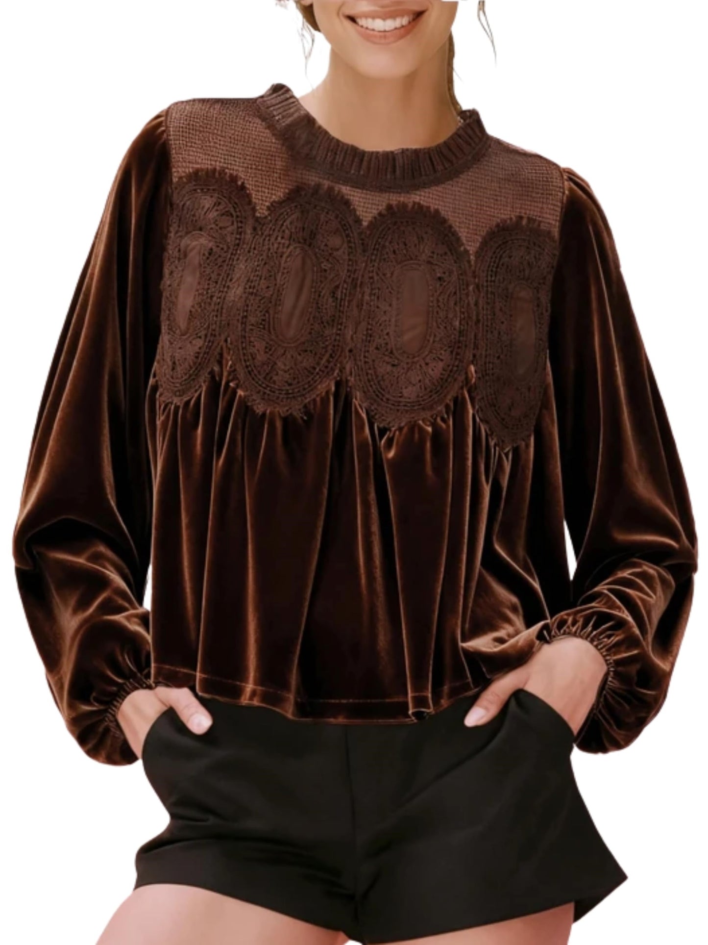 Women's Long Sleeve Velvet Lace Blouse