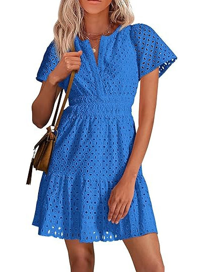 Women's V Neck Smocked Waist Eyelet Dress