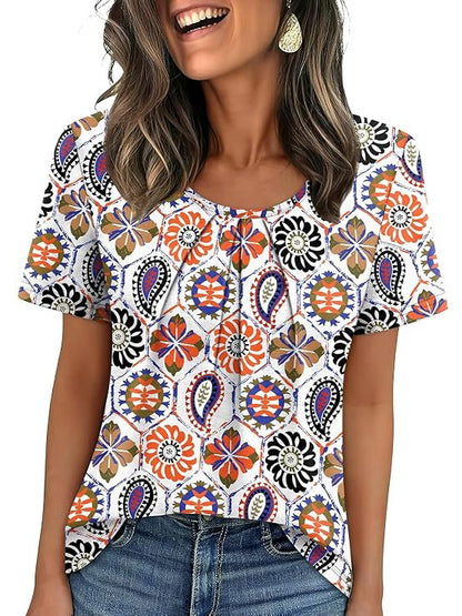 Summer Pleated Neck Short Sleeve Loose Casual Blouse