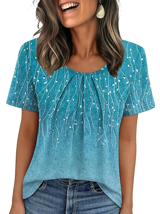 Summer Pleated Neck Short Sleeve Loose Casual Blouse
