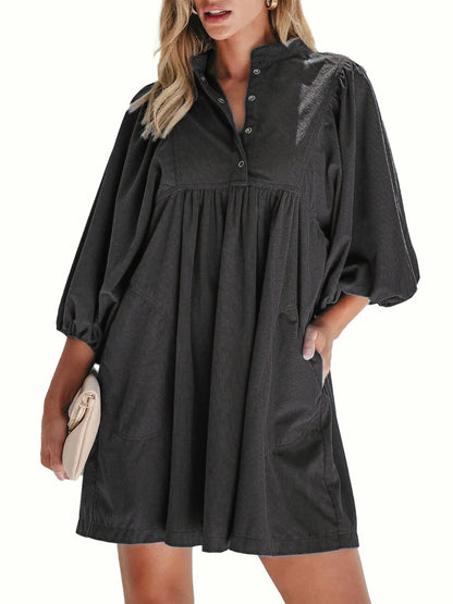 Women Snap Button Corduroy Puff-sleeve Dress