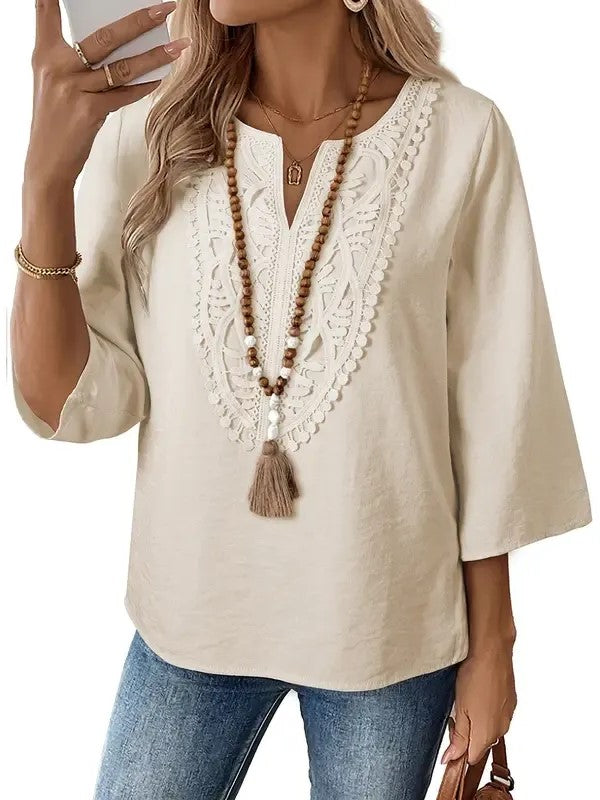 Women's Split V Neck Roll Sleeve Casual Boho Blouse