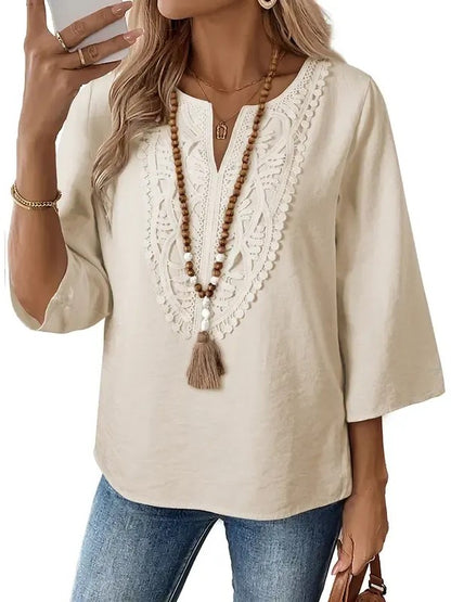 Women's Split V Neck Roll Sleeve Casual Boho Blouse