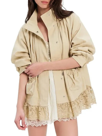 Women's Casual Lace Hem Stand Collar Jacket