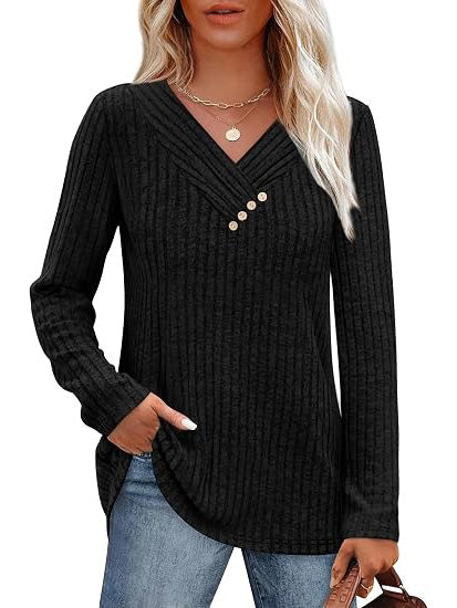 Women's Ribbed V‑Neck Decorative Button Fall Top