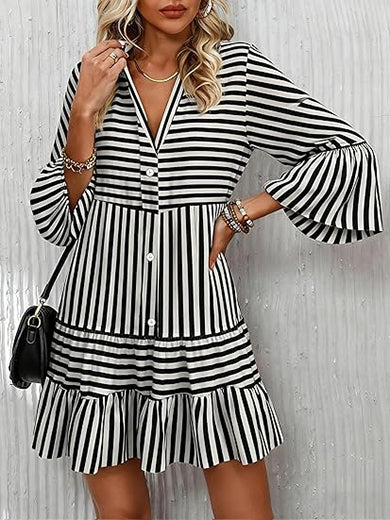 Women's 2026 Boho Babydoll Dress with 3/4 Ruffle Sleeves