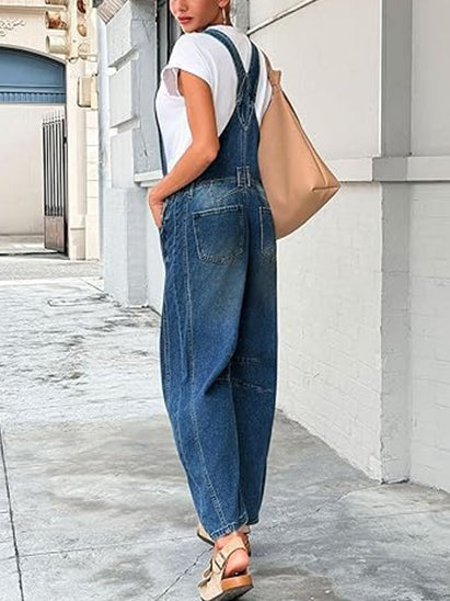Women's Barrel Leg Denim Overalls with Pockets