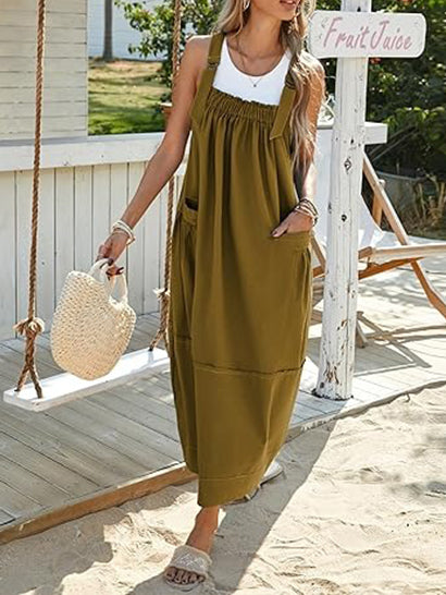 Adjustable Strap Barrel Overall Dress with Pockets
