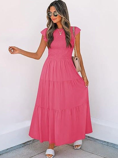 Women's Smocked Tiered Flutter Sleeve Midi Dress