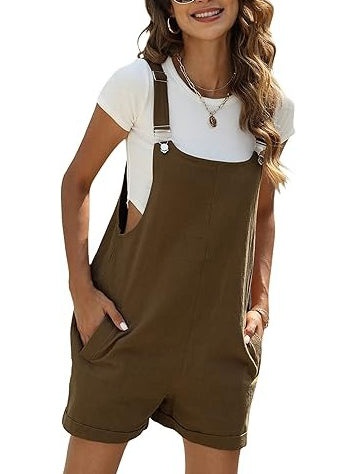 Women's Cotton Linen Short Overalls with Pockets
