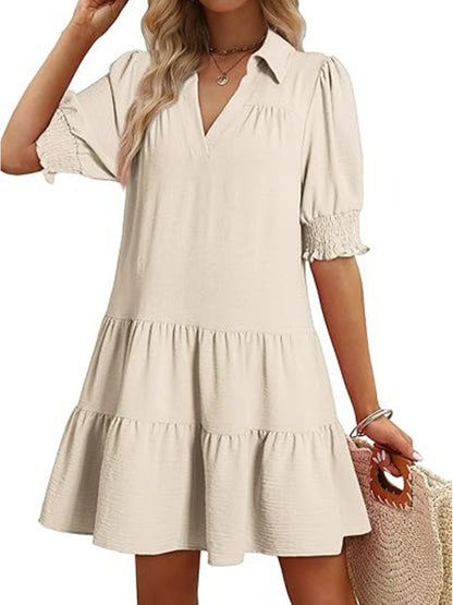 Women's Collared Short Sleeve Tiered Midi Dress