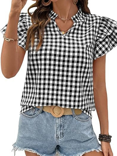 Women's Gingham V Neck Ruffle Sleeve Blouse