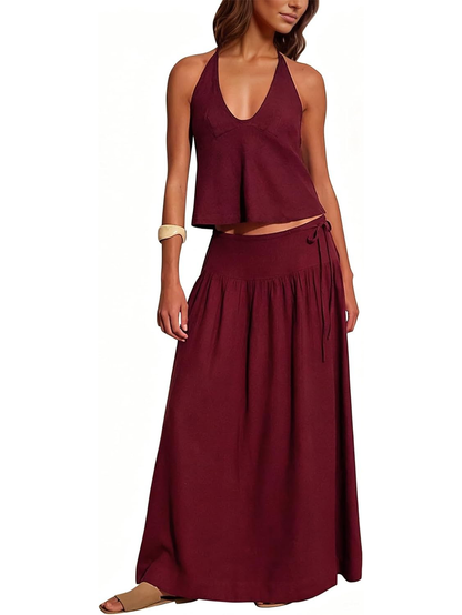 Women's Deep V‑Neck Halter Matching Skirt Set
