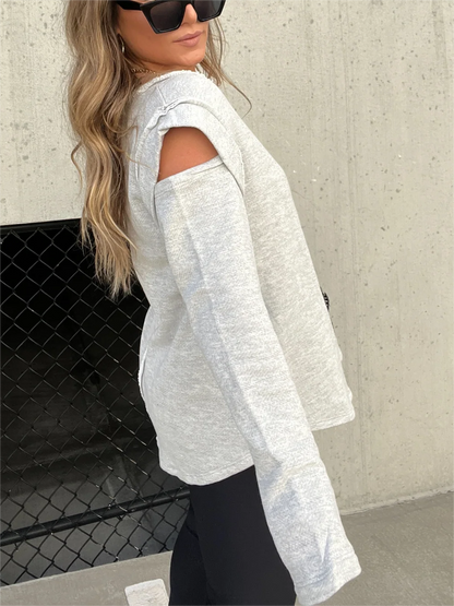 Cut Out Sleeve Raw Edge Solid Sweatshirt