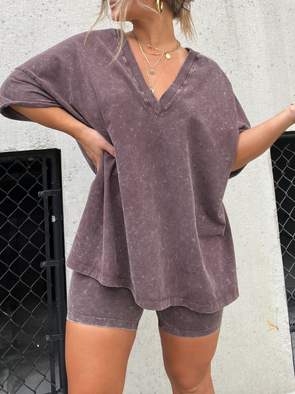 Women's Washed Short Sleeve and Cycling Shorts Set