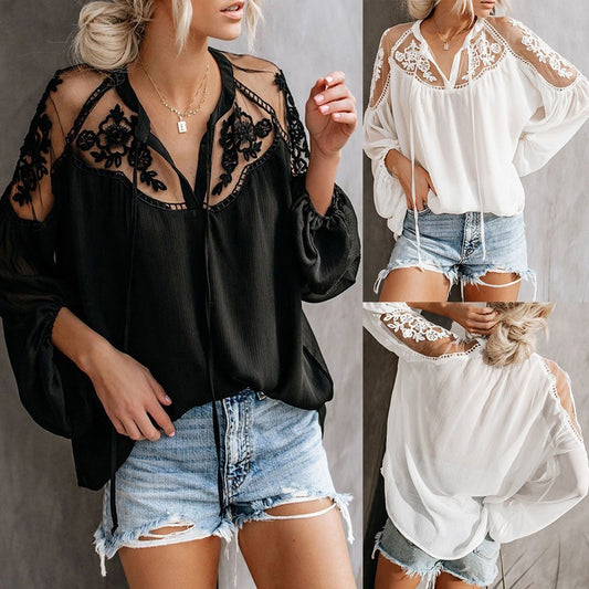 Spring Sexy See-through V-neck Lace Chiffon